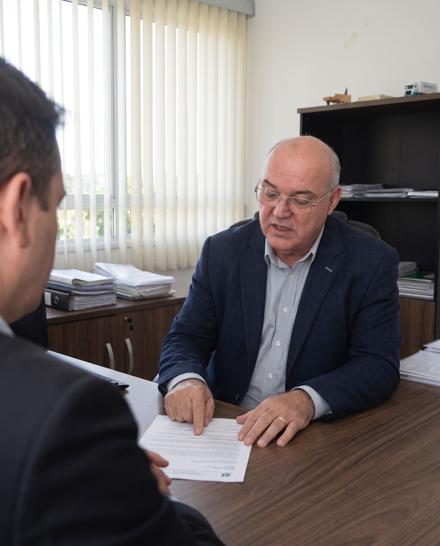 Fernando Luz explica um documento a um empresário durante reunião no escritório